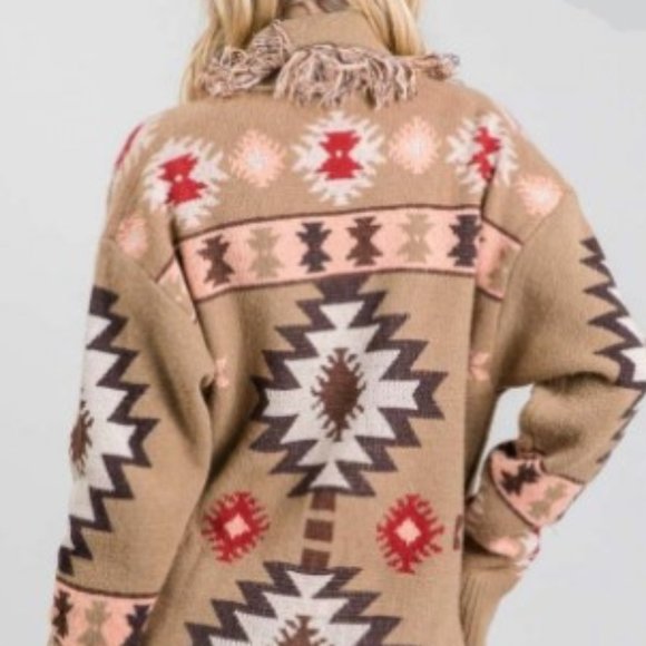 Tribal Aztec Print Open Cardigan 2X 3X Taupe Brown Oversized  Fringe det… - Picture 3 of 6